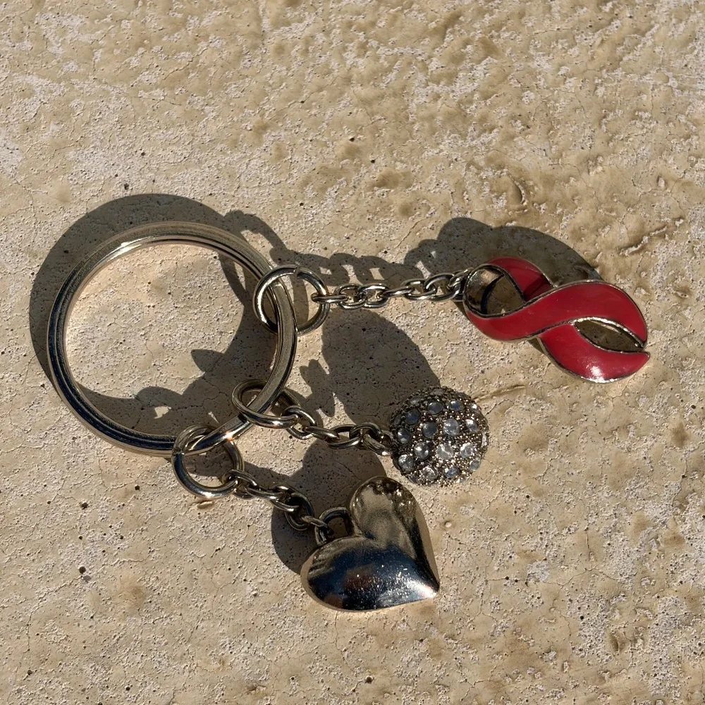 keychain bag charm silver heart, pink ribbon, rhinestone sphere